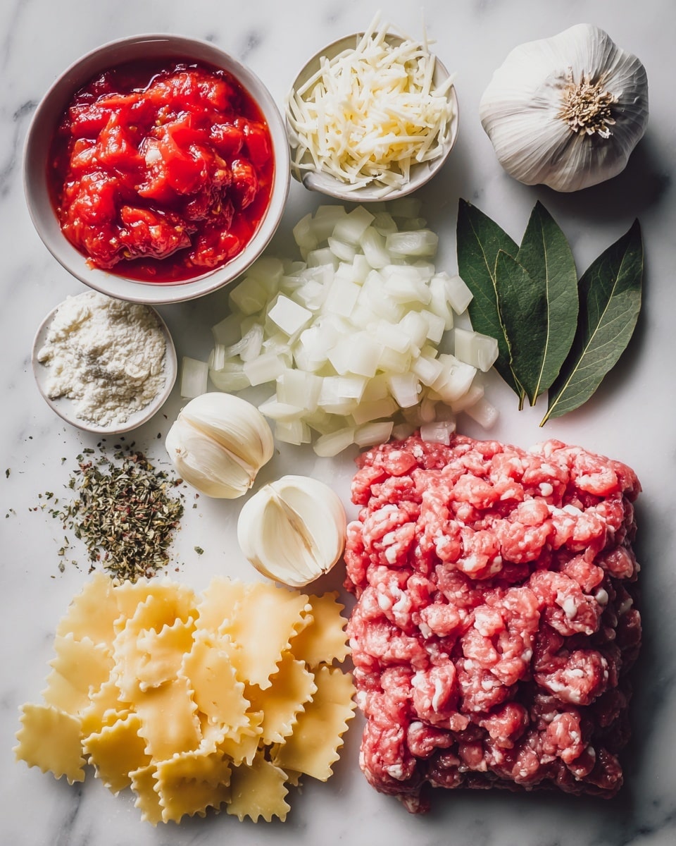 Flat lay of fresh Italian sausage in raw ground form with a rich pink and white marbled texture, a medium white onion diced into small translucent pieces, several cloves of peeled garlic showing their smooth, creamy white surfaces, two cans of bright red diced tomatoes spilling softly with glistening juice, a small heap of dried Italian seasoning herbs with green and brown flecks, fresh glossy bay leaves with deep green color, broken pieces of pale golden lasagna pasta showing rough edges, and three types of cheese: a soft, creamy white mound of ricotta cheese, a pile of shredded mozzarella with soft white strands, and finely grated Parmesan cheese with a crumbly texture and light yellow hue, all arranged naturally and aesthetically scattered with some overlapping, placed on white marbled surface, photo taken with an iphone --ar 2:3 --v 7