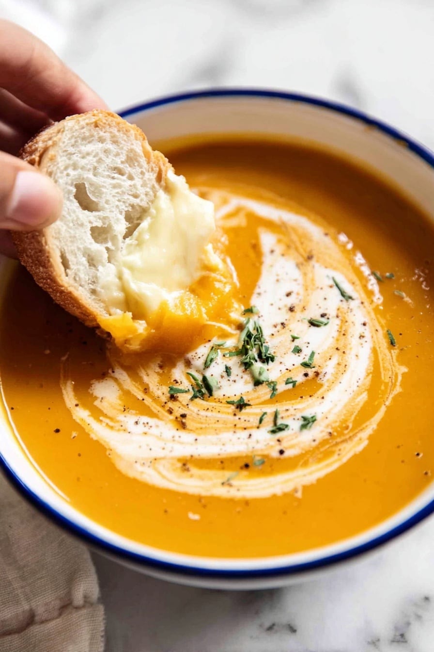 The image shows a thick creamy orange soup in a black pot positioned on a white marbled surface. The soup’s surface is smooth with a swirl of white cream creating a spiral pattern on top. A large silver spoon is partially dipped into the soup, catching light to show its shiny metal texture. The colors contrast nicely with the warm orange soup and the white cream swirl. Photo taken with an iphone --ar 2:3 --v 7
