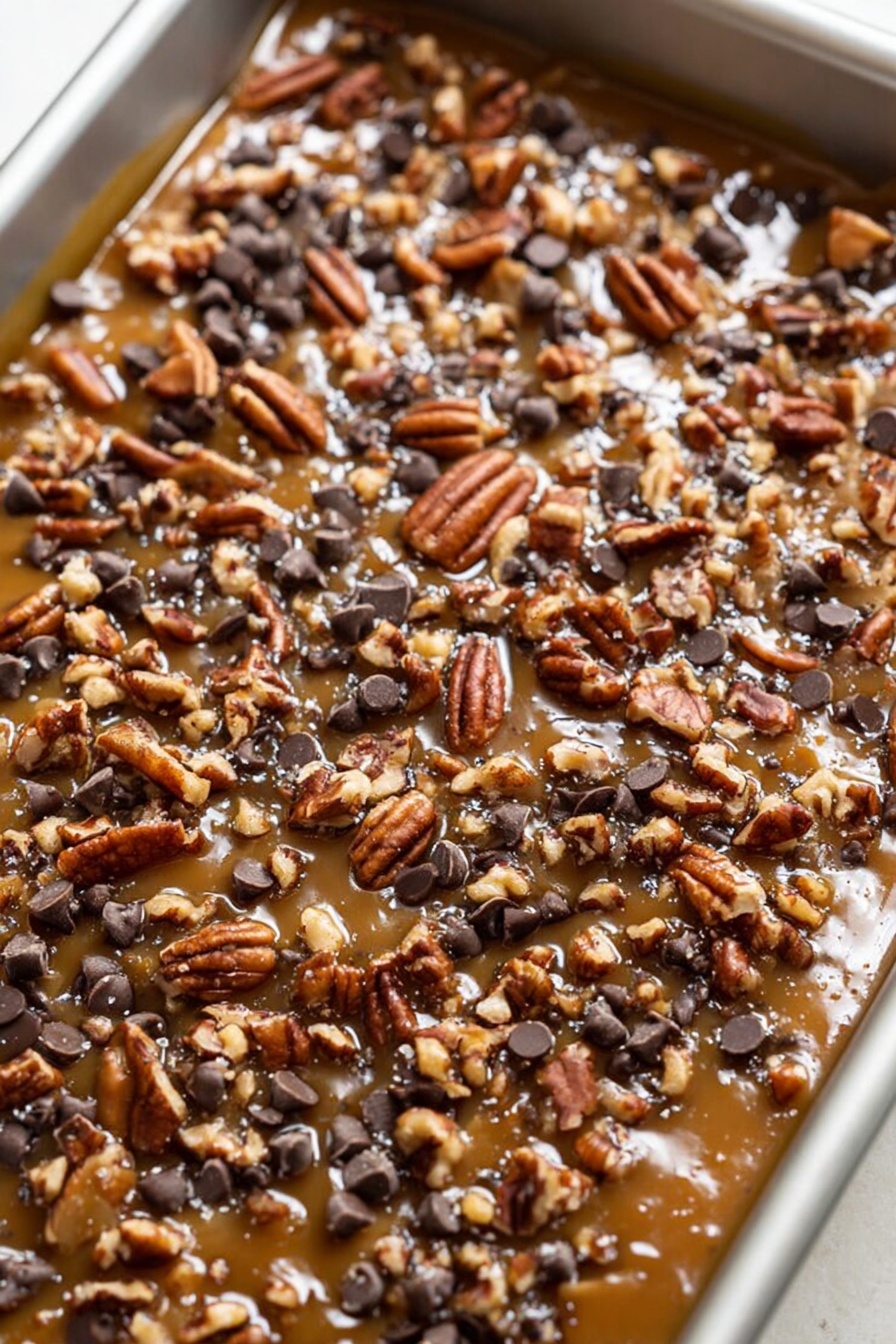 A close-up image of thick, dark brown chocolate batter in a clear glass bowl with some texture and chunks visible throughout. A wooden spatula is partially covered with the same batter and stands in the bowl on the right side, stirring the mixture. The background is a white marbled surface, and the glass bowl shows smears of chocolate around the edges. photo taken with an iphone --ar 2:3 --v 7