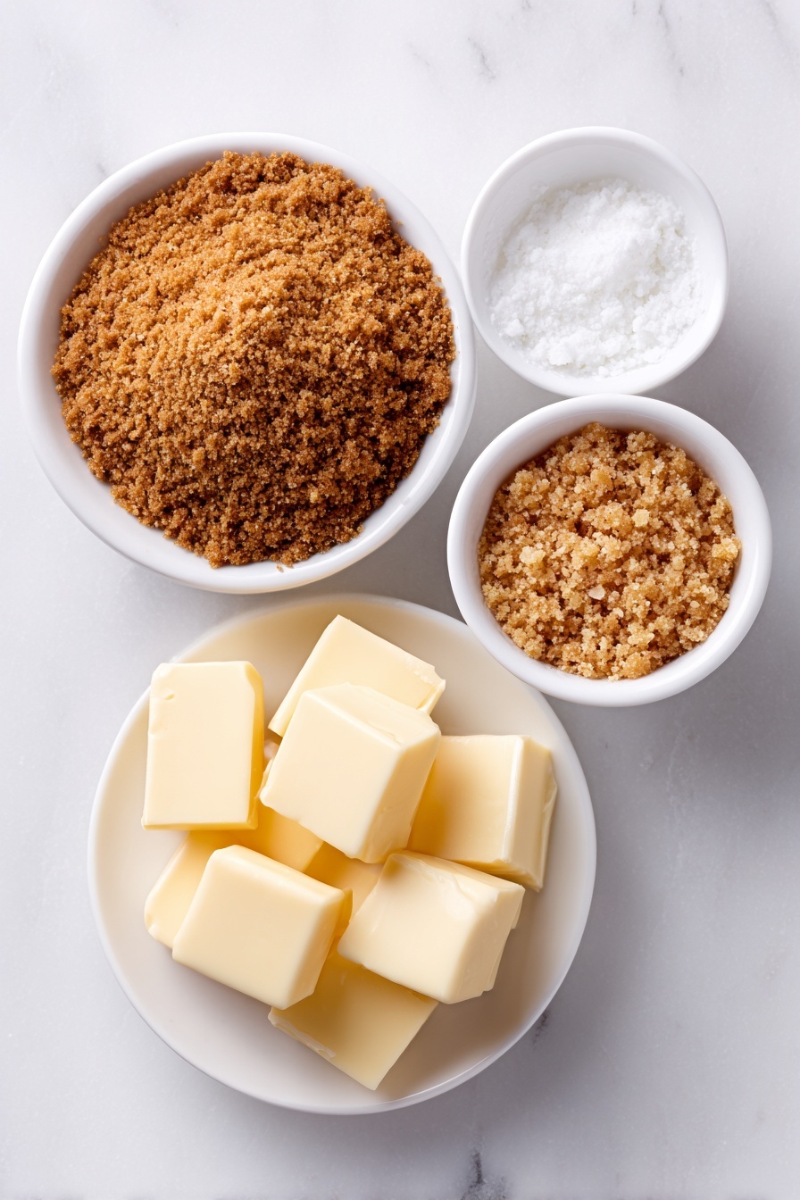 Flat lay of a small stack of whole Biscoff cookies with their warm caramel color and crumbly texture, a small white ceramic bowl filled with finely crushed golden cookie crumbs, a few cubes of soft cream cheese with a creamy white surface arranged neatly on a simple white ceramic plate, and a small white bowl holding smooth, creamy vanilla almond bark pieces, all ingredients fresh and natural, perfectly spaced in balanced symmetry, placed on a clean white marble surface, soft natural light, photo taken with an iPhone, professional food photography style, fresh ingredients, white ceramic bowls, no bottles, no duplicates, no utensils, no packaging --ar 2:3 --v 7 --p m7354615311229779997