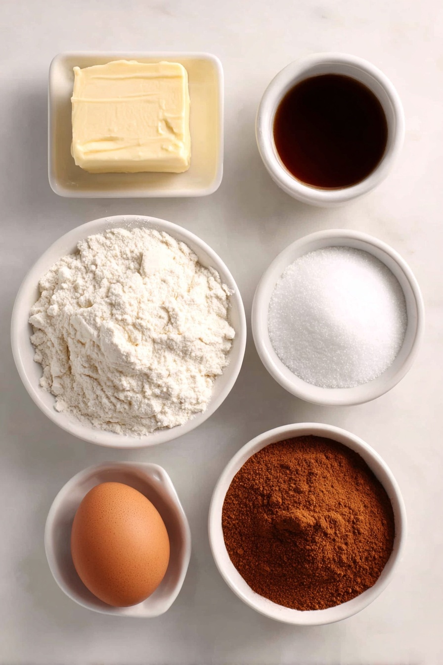 Flat lay of a small square of soft pale yellow butter, a small mound of granulated white sugar, a single whole brown egg with a clean shell, a small white ceramic bowl of clear vanilla extract, a heap of fine white all-purpose flour, a pinch of light beige baking powder powder, a small white ceramic bowl with ground cinnamon in warm reddish-brown tones, a small white ceramic bowl with powdered white sugar, and a small white ceramic bowl with creamy white milk, all arranged symmetrically on a clean white marble surface, soft natural light, photo taken with an iPhone, professional food photography style, fresh ingredients, white ceramic bowls, no bottles, no duplicates, no utensils, no packaging --ar 2:3 --v 7 --p m7354615311229779997