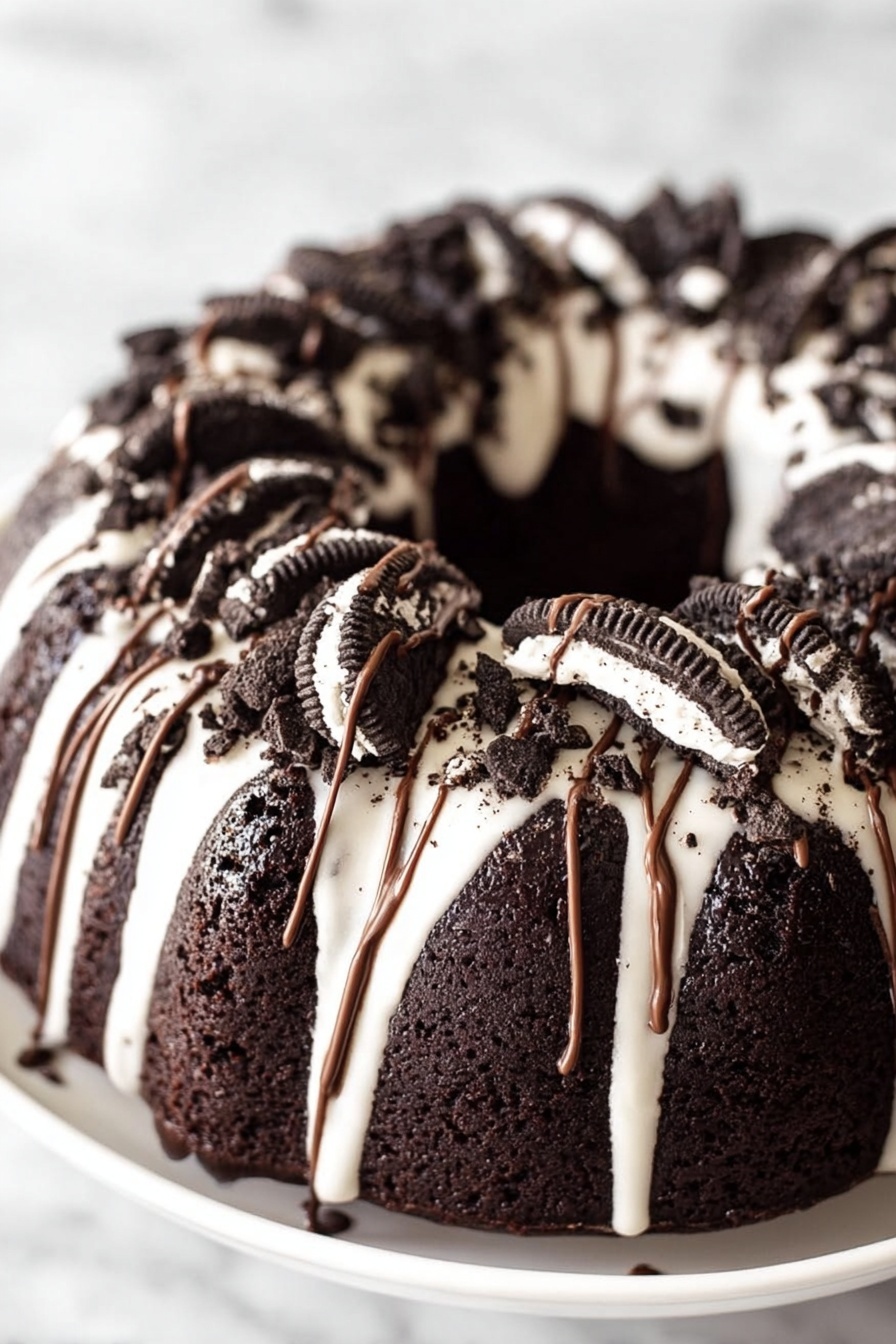 A dark chocolate bundt cake sits on a white plate over a white marbled surface. The cake has one layer and is topped thickly with white icing drizzled down the sides in smooth lines. On top of the icing, there is a generous amount of broken black and white sandwich cookies scattered all around. Over the cookies and icing, thin streams of milk chocolate drizzle add a final touch. Photo taken with an iphone --ar 2:3 --v 7
