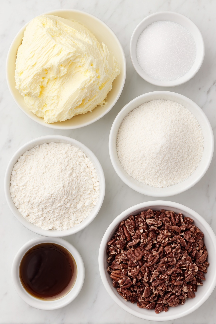 Flat lay of a small mound of softened salted butter, a small white bowl of granulated sugar, a small white bowl of powdered sugar, a small white bowl of vanilla extract, a small white bowl of all-purpose flour, a small white bowl filled with finely chopped pecans, placed on a clean white marble surface, soft natural light, photo taken with an iPhone, professional food photography style, fresh ingredients, white ceramic bowls, no bottles, no duplicates, no utensils, no packaging --ar 2:3 --v 7 --p m7354615311229779997