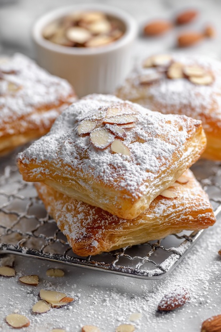 The image shows square-shaped pastries with a golden-brown flaky crust, dusted generously with white powdered sugar. The pastries are stacked loosely on a metal wire rack. On top of the pastries, thin, toasted almond slices can be seen, adding texture and detail to the surface. In the background, there is a blurred white bowl filled with more toasted almond slices, and part of another pastry is visible. The whole scene is set on a white marbled surface with scattered powdered sugar and almond slices around, enhancing the fresh, baked feeling. Photo taken with an iphone --ar 2:3 --v 7