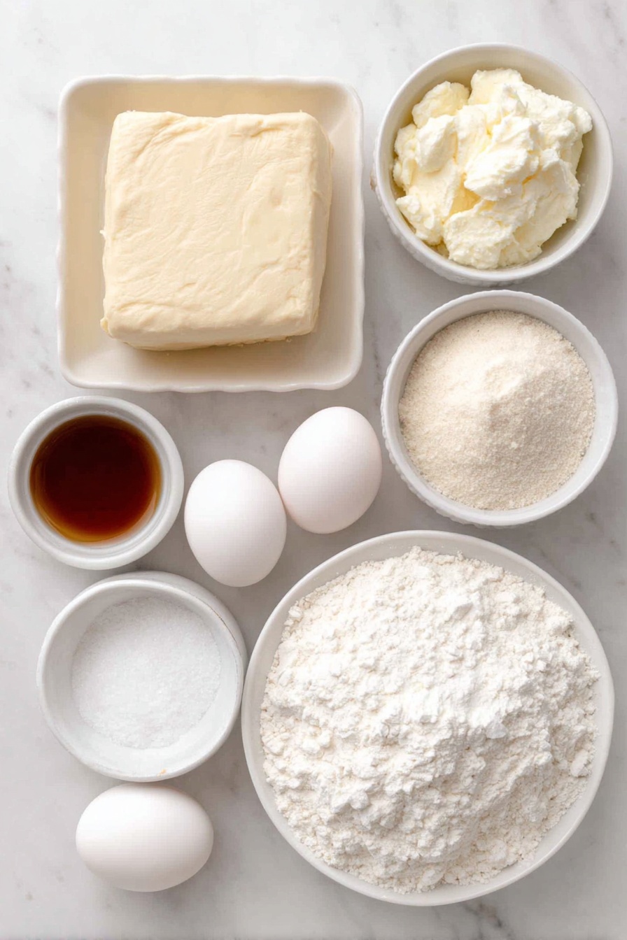 Flat lay of a square sheet of puff pastry, a small white ceramic bowl of softened butter, a small white ceramic bowl of granulated sugar, a small white ceramic bowl of almond flour, one whole uncracked brown egg, a small white ceramic bowl of clear almond extract, one whole uncracked white egg, a small white ceramic bowl of water, a small white ceramic bowl filled with sliced almonds, and a small white ceramic bowl of powdered sugar, all arranged symmetrically and balanced, fresh and natural ingredients placed on a clean white marble surface, soft natural light, photo taken with an iPhone, professional food photography style, fresh ingredients, white ceramic bowls, no bottles, no duplicates, no utensils, no packaging --ar 2:3 --v 7 --p m7354615311229779997