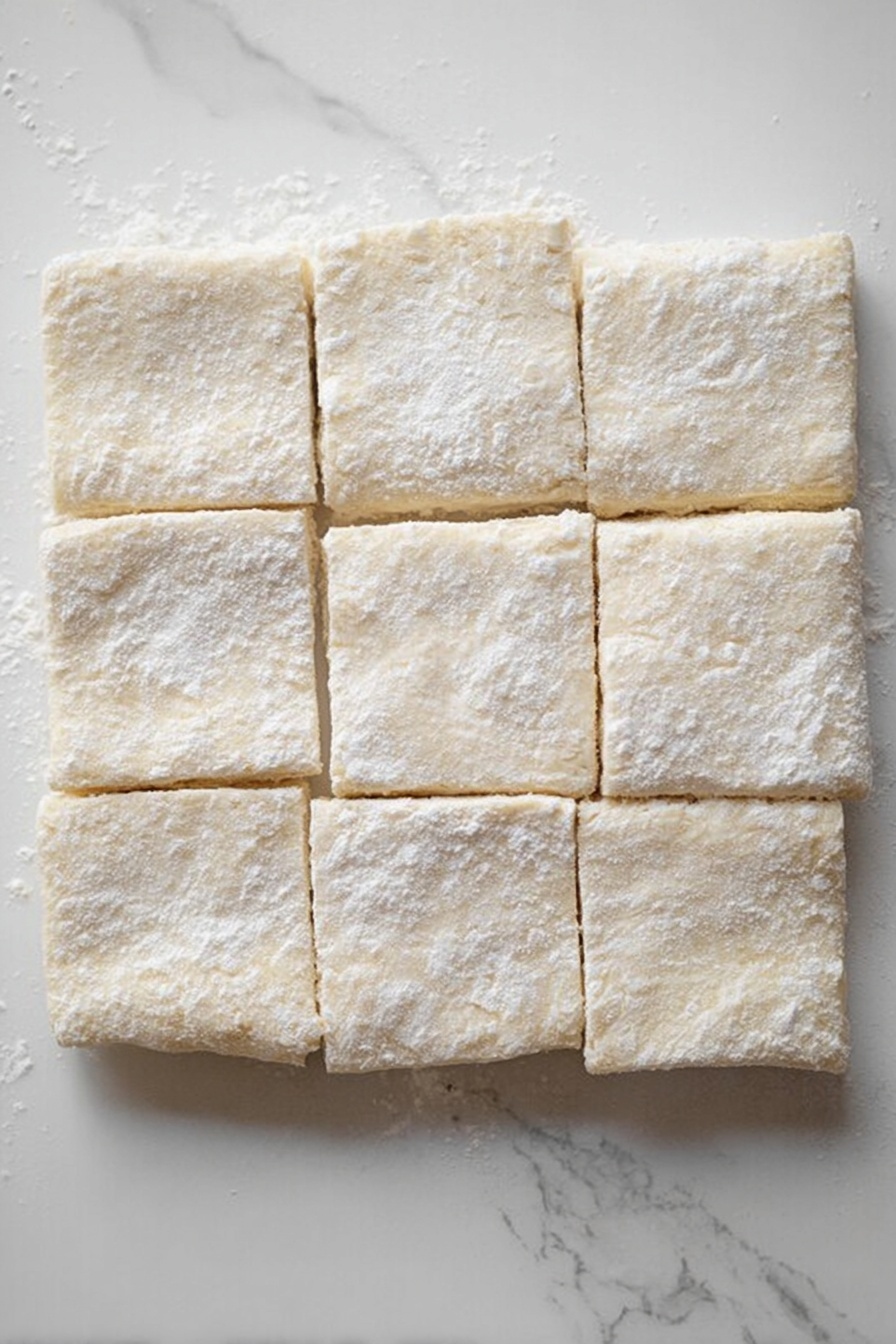 The image shows nine square pieces of raw dough arranged in a 3x3 grid on a white marbled surface. Each dough square is light beige with a slightly rough texture and a dusting of white flour on top. The edges of the dough pieces are clean but slightly uneven, showing some thickness and layering. The overall look is soft and powdery, with a natural, uncooked appearance. photo taken with an iphone --ar 2:3 --v 7