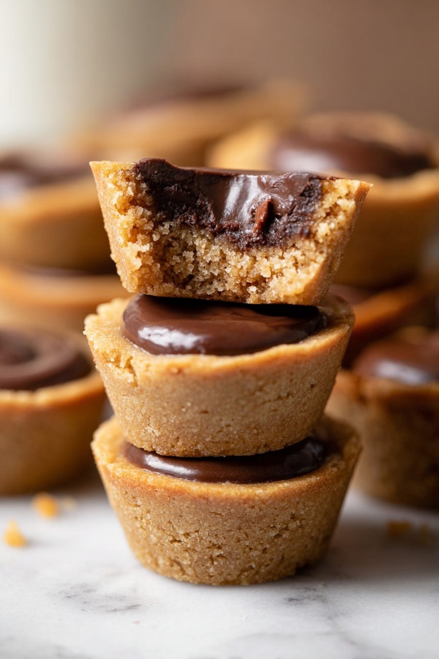 The image shows several mini cookie cups stacked together on a white marbled surface. Each cup has a thick, golden-brown cookie shell forming the base and sides. Inside each shell is a layer of dark chocolate filling, topped with a smooth, shiny layer of chocolate ganache. One cookie cup is stacked on another, with the top one bitten into, revealing a chewy, crumbly cookie texture inside under the glossy chocolate top. The background is softly blurred, focusing on the cookie cups. photo taken with an iphone --ar 2:3 --v 7
