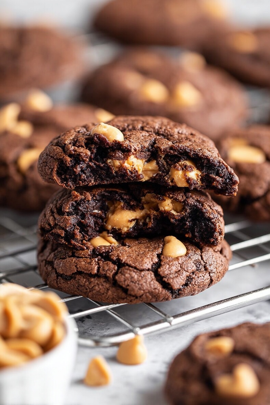 The image shows a close-up of thick dark brown chocolate cookies with light brown peanut butter chips mixed inside. The top cookie is torn in the middle, showing the soft inside with melted chips. The cookies have a cracked texture on top and look soft and chewy. They are on a wire rack placed on a white marbled surface. In the background, more cookies are blurred out, and a white bowl filled with peanut butter chips is partly visible in the front left corner. photo taken with an iphone --ar 2:3 --v 7