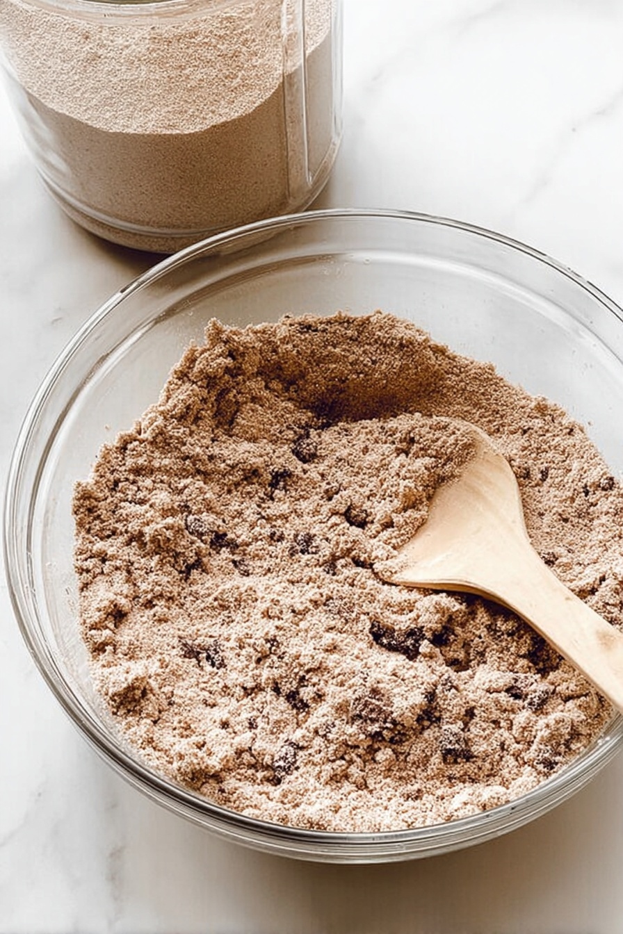 A clear glass bowl filled with a dry mixture that is light brown with small dark brown bits scattered throughout. The mixture looks powdery but chunky in some areas and is stirred with a light-colored wooden spoon resting on the right side of the bowl. Behind the bowl, there is a clear container filled with the same light brown powdery mixture, all placed on a white marbled surface photo taken with an iphone --ar 2:3 --v 7