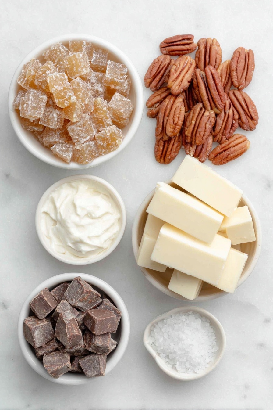 Flat lay of a small white ceramic bowl filled with glossy caramel bits, a small white ceramic bowl with thick heavy whipping cream, a tiny white ceramic bowl holding fine pale salt, a neat pile of fresh, shelled pecan halves scattered beside a small white ceramic bowl of chopped semi-sweet chocolate chunks, and a small white ceramic bowl containing flaky sea salt crystals, all arranged symmetrically on a clean white marble surface, soft natural light, photo taken with an iPhone, professional food photography style, fresh ingredients, white ceramic bowls, no bottles, no duplicates, no utensils, no packaging --ar 2:3 --v 7 --p m7354615311229779997