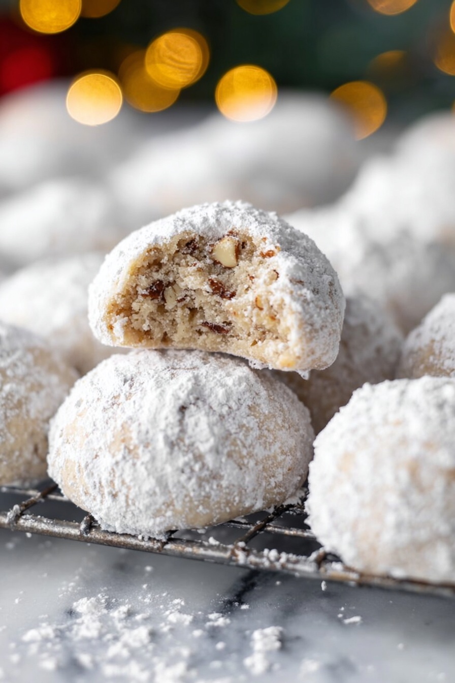 The image shows round cookies covered in white powdered sugar, arranged closely together on a cooling rack. One cookie is placed on top of the others and has a bite taken out of it, revealing a light beige inside with small brown nut pieces scattered throughout. The cookie surface is textured and slightly crumbly, with the powdered sugar coating giving a soft, powdery white look. The background has a softly blurred bokeh effect with warm yellow lights, while the surface beneath the rack is a white marbled texture photo taken with an iphone --ar 2:3 --v 7