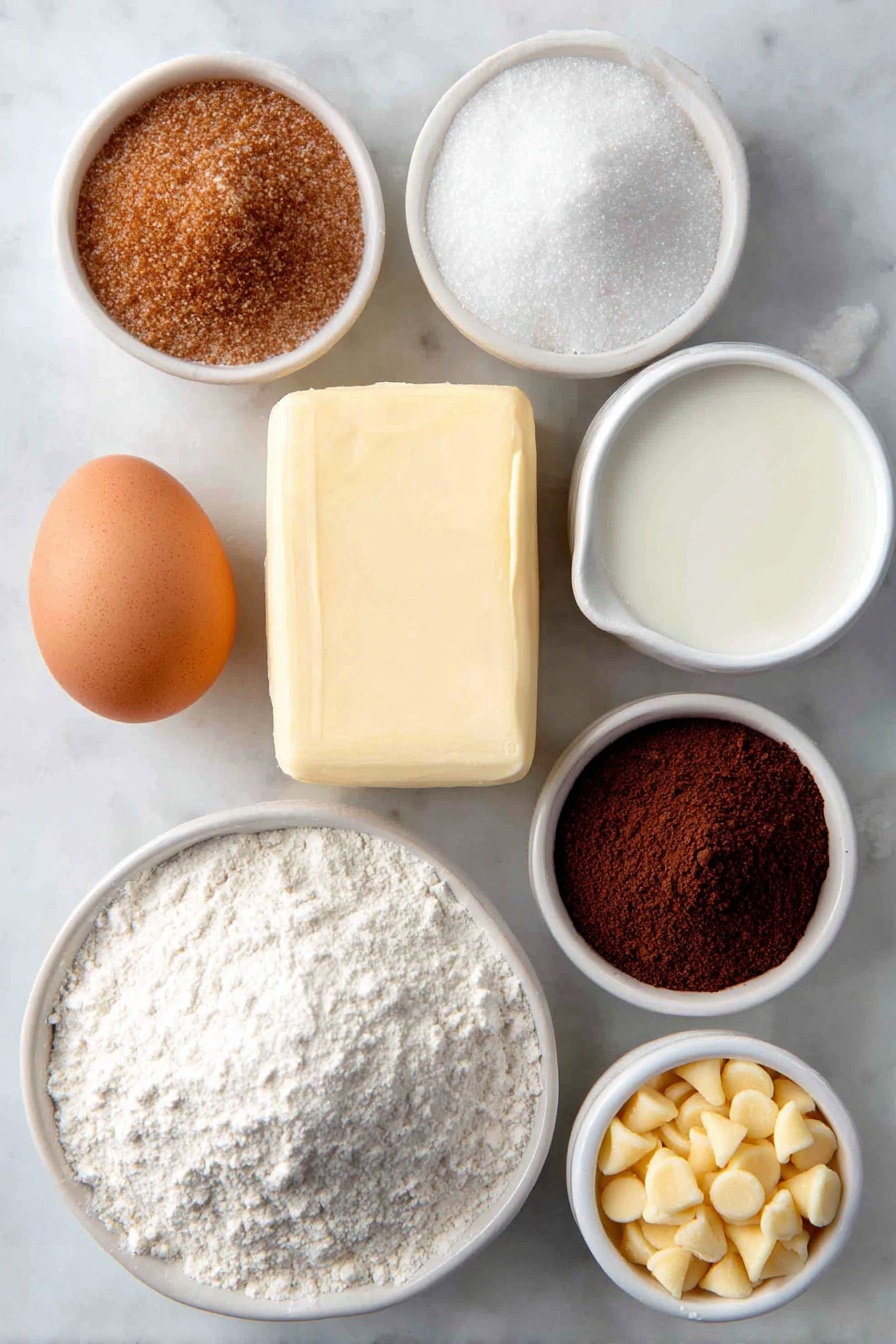 Flat lay of a soft block of pale yellow butter, a small pile of white granulated sugar, a small mound of brown sugar with rich caramel tones, one whole uncracked brown egg, a small white ceramic bowl holding creamy milk, a neat heap of fine white flour, a small white bowl filled with dark brown cocoa powder, a tiny white bowl containing light beige baking soda powder, a tiny white bowl with fine white salt, a small white ceramic bowl overflowing with golden peanut butter chips—all arranged in perfect symmetry on a clean white marble surface, soft natural light, photo taken with an iPhone, professional food photography style, fresh ingredients, white ceramic bowls, no bottles, no duplicates, no utensils, no packaging --ar 2:3 --v 7 --p m7354615311229779997