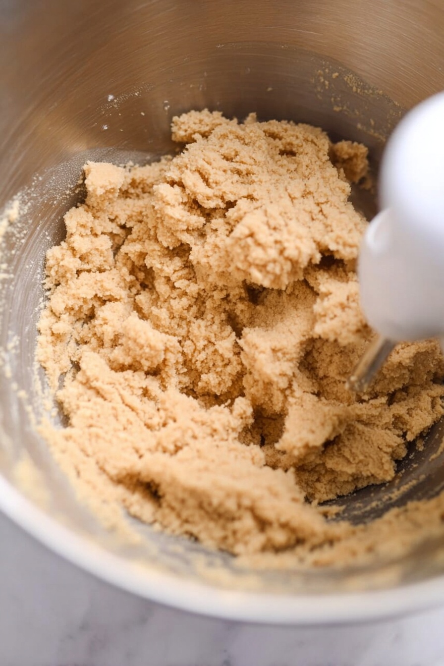 A close-up view of a light brown, crumbly dough mixture inside a shiny silver metal mixing bowl. The dough has a rough, soft texture with uneven chunks and small clumps spread around the bowl’s interior. Part of a white mixer attachment is visible in the top right corner, slightly blurred. The mixing bowl sits on a white marbled surface with soft natural light illuminating the scene. photo taken with an iphone --ar 2:3 --v 7