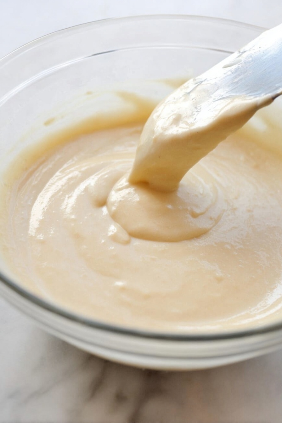 A slice of light yellow cake with a moist texture forms the bottom layer, topped with a thick, dark purple blueberry sauce layer that looks glossy and slightly chunky. On top of the sauce, there is a swirl of white whipped cream, crowned with a small green mint leaf and two blueberries, one whole and one sliced open showing its inside. The cake slice is placed on a white plate with a few fresh blueberries scattered around. In the background, another piece of the cake is visible, also topped with whipped cream. The setting is on a white marbled surface with a silver fork resting next to the plate. Photo taken with an iphone --ar 2:3 --v 7