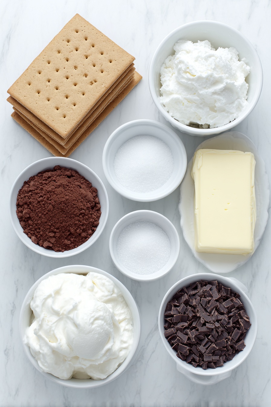 Flat lay of graham cracker sheets stacked neatly, a small white bowl of granulated sugar, a small white bowl containing melted salted butter, a small white bowl filled with creamy chocolate milk, a small white bowl holding a fine powder of instant chocolate pudding mix, a small white bowl with smooth melted vanilla ice cream, a small white bowl full of fluffy whipped topping, and a small white bowl with delicate chocolate curls scattered inside, all arranged in perfect symmetry on a clean white marble surface, soft natural light, photo taken with an iPhone, professional food photography style, fresh ingredients, white ceramic bowls, no bottles, no duplicates, no utensils, no packaging --ar 2:3 --v 7 --p m7354615311229779997