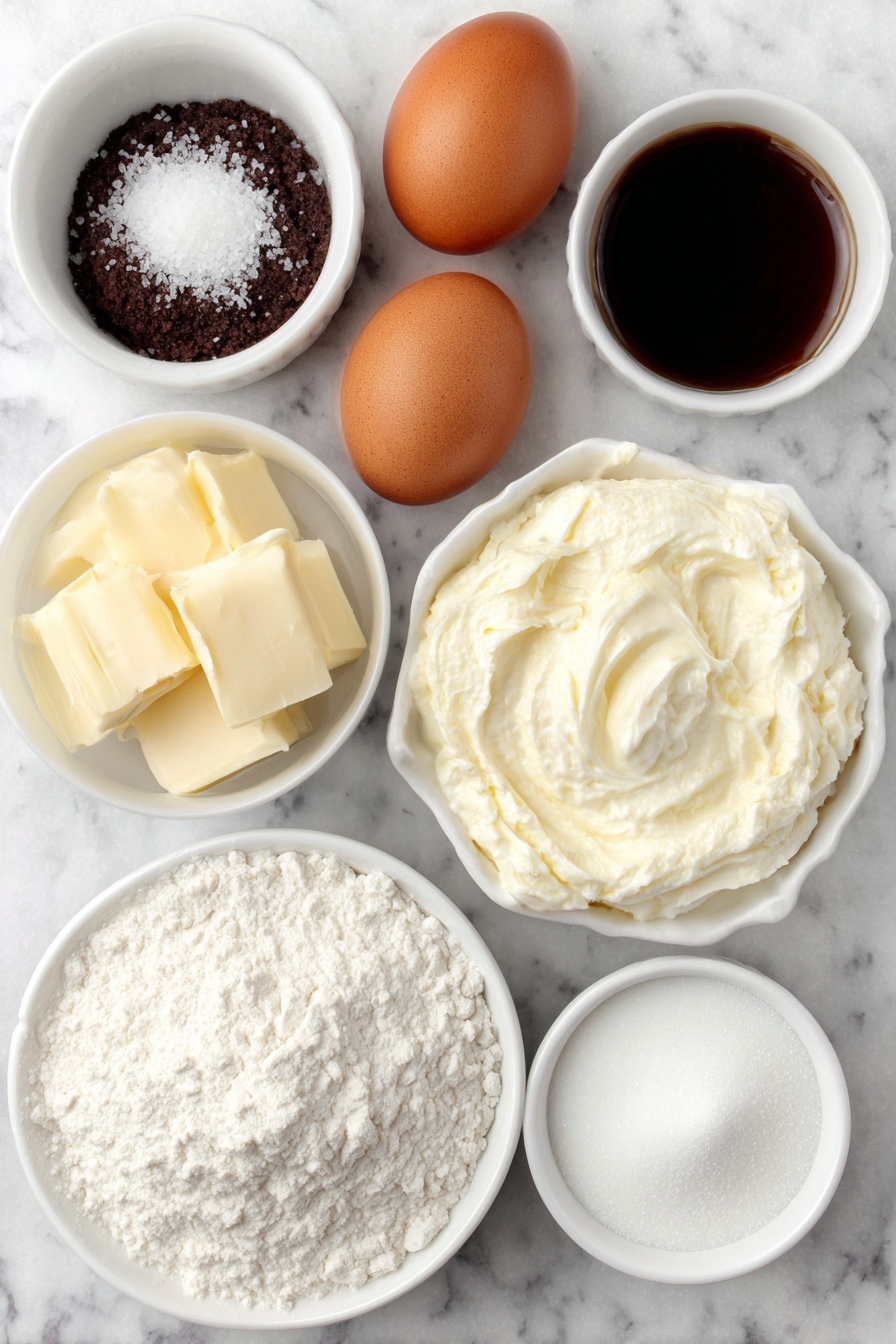 Flat lay of two whole uncracked brown eggs, a small pile of pale yellow butter, a small mound of granulated white sugar, a few teaspoons of vanilla extract in a small white ceramic bowl, a heap of white all-purpose flour, a tiny mound of baking soda crystals, a pinch of fine salt crystals, a small white bowl filled with creamy buttermilk, a small white bowl of powdered sugar, and a small white bowl with milk, all arranged in perfect symmetry on a simple white ceramic surface, placed on a clean white marble surface, soft natural light, photo taken with an iPhone, professional food photography style, fresh ingredients, white ceramic bowls, no bottles, no duplicates, no utensils, no packaging --ar 2:3 --v 7 --p m7354615311229779997