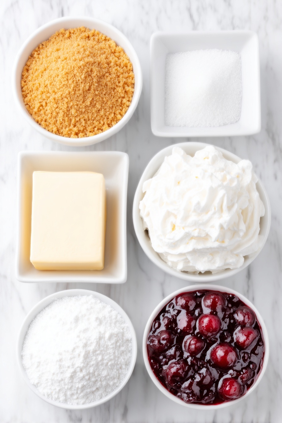 Flat lay of a small mound of golden graham cracker crumbs, a square of salted butter, a small white bowl filled with fine white sugar, two blocks of creamy white cream cheese, a small white bowl of powdered sugar, a fluffy white tub of whipped topping, and a simple white ceramic bowl containing glossy deep red cherry pie filling, all arranged in perfect symmetry on a clean white marble surface, soft natural light, photo taken with an iPhone, professional food photography style, fresh ingredients, white ceramic bowls, no bottles, no duplicates, no utensils, no packaging --ar 2:3 --v 7 --p m7354615311229779997