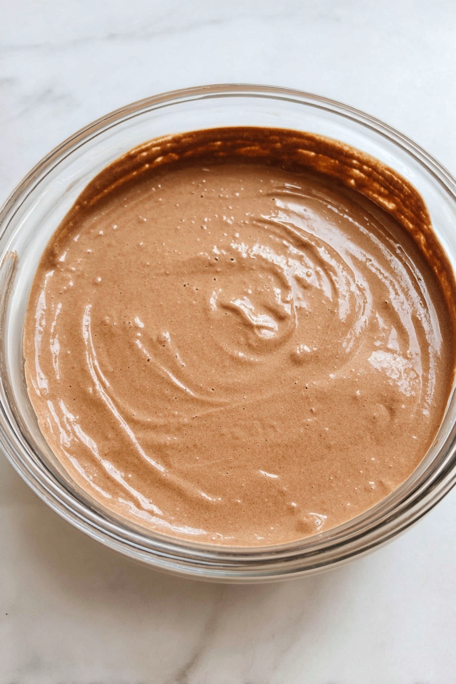 A thick, rich chocolate dessert is shown in a clear glass baking dish on a white marbled surface. The dessert has two visible layers: the top layer is a dry, cracked, dark brown cake with a rough texture, while underneath, a shiny, dark, thick chocolate sauce pools at the bottom, giving a moist look. A black spoon is scooping out a portion, showing the soft, dense inside layer of the cake. Part of a white plate is visible in the bottom right corner. photo taken with an iphone --ar 2:3 --v 7