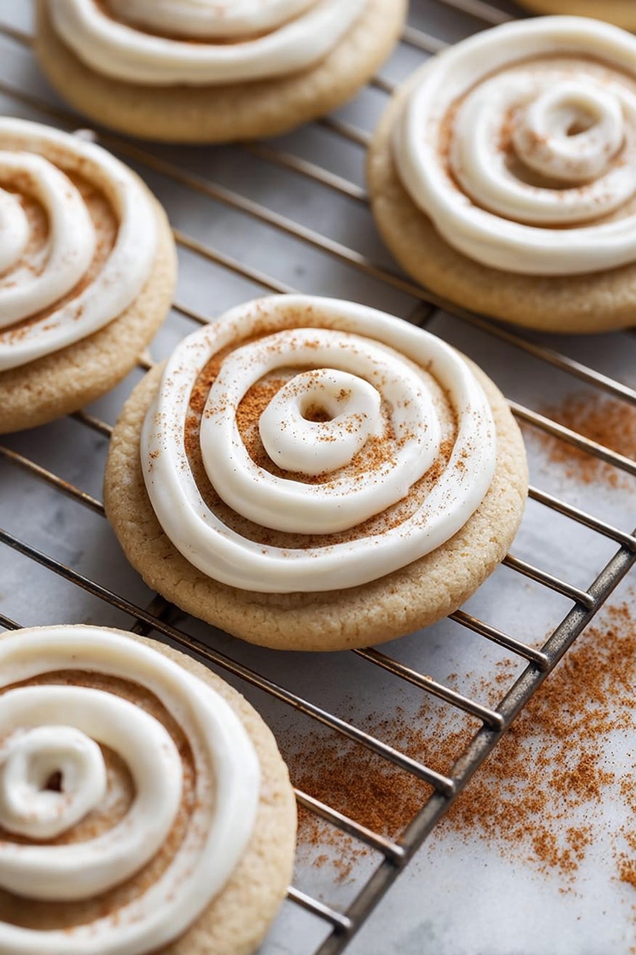 The image shows several round cookies on a metal cooling rack. Each cookie has two layers: a beige dough base with a soft texture and a spiral layer of white icing on top. The icing is thick and smooth and swirls from the center to the edges. Some cinnamon powder is lightly sprinkled on a white marbled surface under and around the rack, adding a warm brown color. The cookies are closely placed but not touching, and the whole scene looks fresh and warm. Photo taken with an iphone --ar 2:3 --v 7
