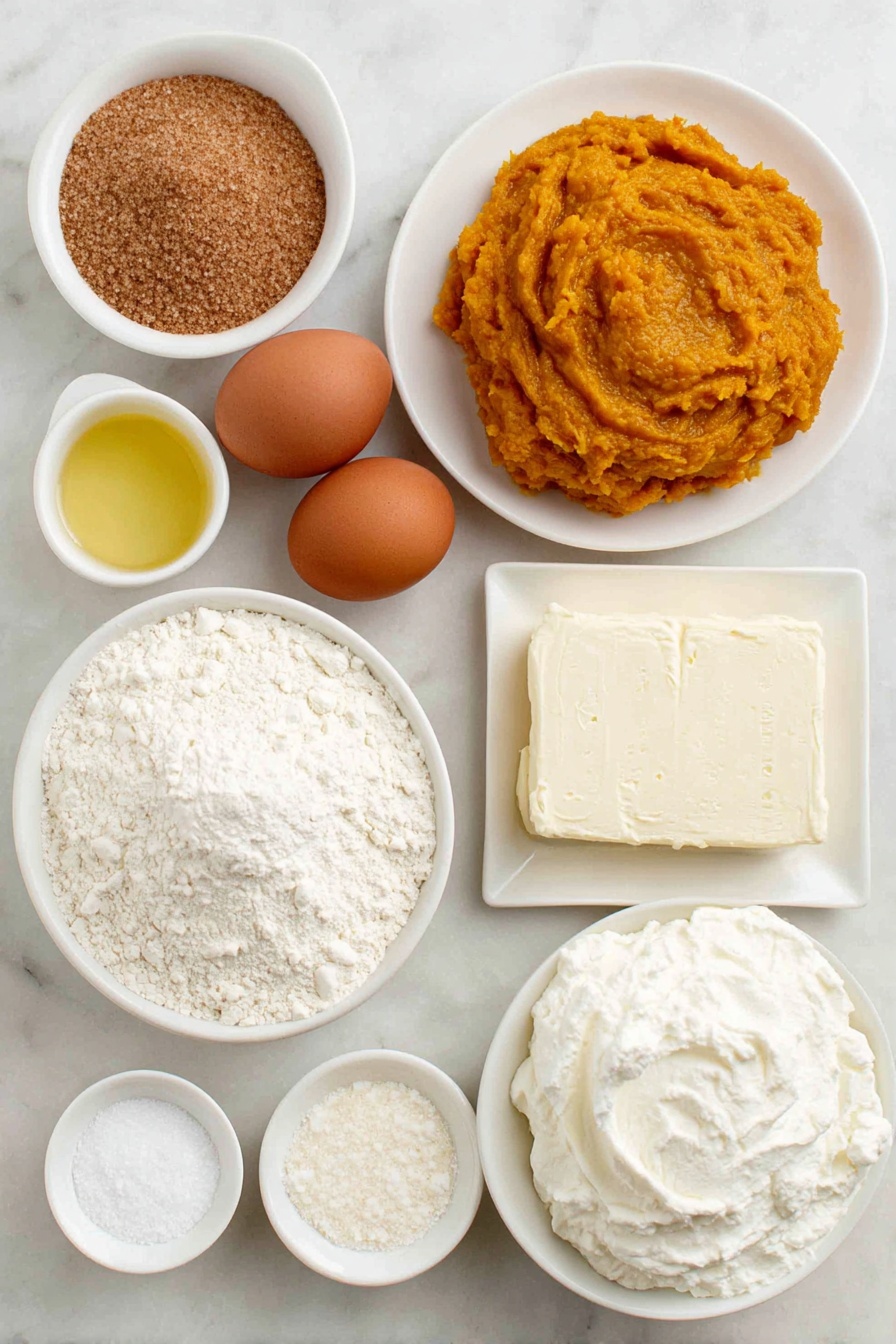 Flat lay of brown sugar in a small white ceramic bowl, white granulated sugar in a small white ceramic bowl, golden vegetable oil in a small white ceramic bowl, two whole brown eggs with clean shells, a small white ceramic bowl of clear vanilla extract, a mound of bright orange pumpkin puree on a simple white ceramic plate, a small pile of all-purpose flour directly on the white surface, a small heap of warm brown pumpkin pie spice on the surface, white baking soda powder in a small white ceramic bowl, white baking powder in a small white ceramic bowl, white salt crystals in a small white ceramic bowl, a square of soft cream cheese on a small white ceramic plate, a small white ceramic bowl filled with fluffy white marshmallow cream, powdered white sugar in a small white ceramic bowl, all arranged with perfect symmetry and realistic proportions placed on a clean white marble surface, soft natural light, photo taken with an iPhone, professional food photography style, fresh ingredients, white ceramic bowls, no bottles, no duplicates, no utensils, no packaging --ar 2:3 --v 7 --p m7354615311229779997