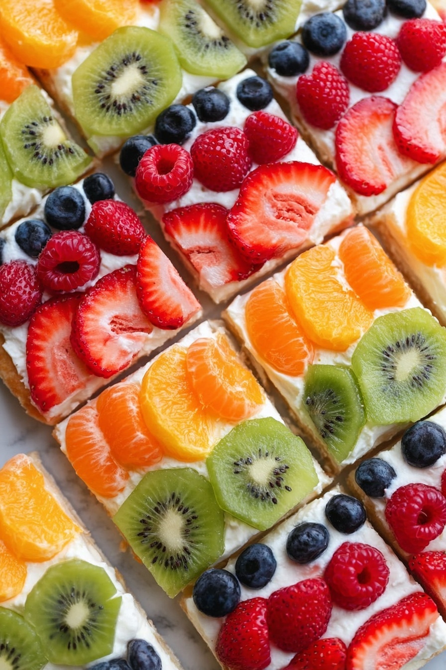 A close-up of a square dessert bar showing three layers: a golden-brown soft cookie base at the bottom, a smooth white cream layer in the middle, and a top layer made of fresh fruit arranged in rows. The fruit includes bright orange mandarin slices, plump red raspberries, round dark blue blueberries, and light green kiwi slices with visible small black seeds. The dessert squares are placed on a white marbled surface with a slightly blurred background showing multiple similar squares with the same fruit and cream toppings. Photo taken with an iphone --ar 2:3 --v 7