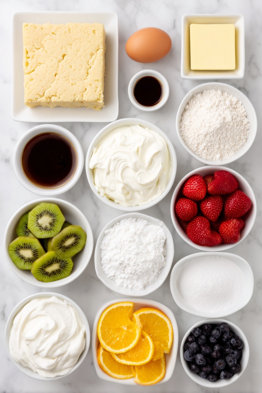 Flat lay of a small plate with a square of unbaked sugar cookie dough, a stick of pale yellow softened butter, a small mound of granulated white sugar, one whole brown egg with a clean shell, a small white bowl of clear vanilla extract, a small white bowl of all-purpose flour, a small white bowl with fine baking powder, a small white bowl with baking soda, a small white bowl of fine salt, a block of fresh cream cheese, a small white bowl of sour cream, a small white bowl of powdered sugar, a small white bowl of fluffy whipped topping, a small plate with fresh red strawberries, green kiwi slices, deep purple blueberries, and bright orange mandarin segments, all arranged symmetrically and realistically with natural textures, placed on a clean white marble surface, soft natural light, photo taken with an iPhone, professional food photography style, fresh ingredients, white ceramic bowls, no bottles, no duplicates, no utensils, no packaging --ar 2:3 --v 7 --p m7354615311229779997