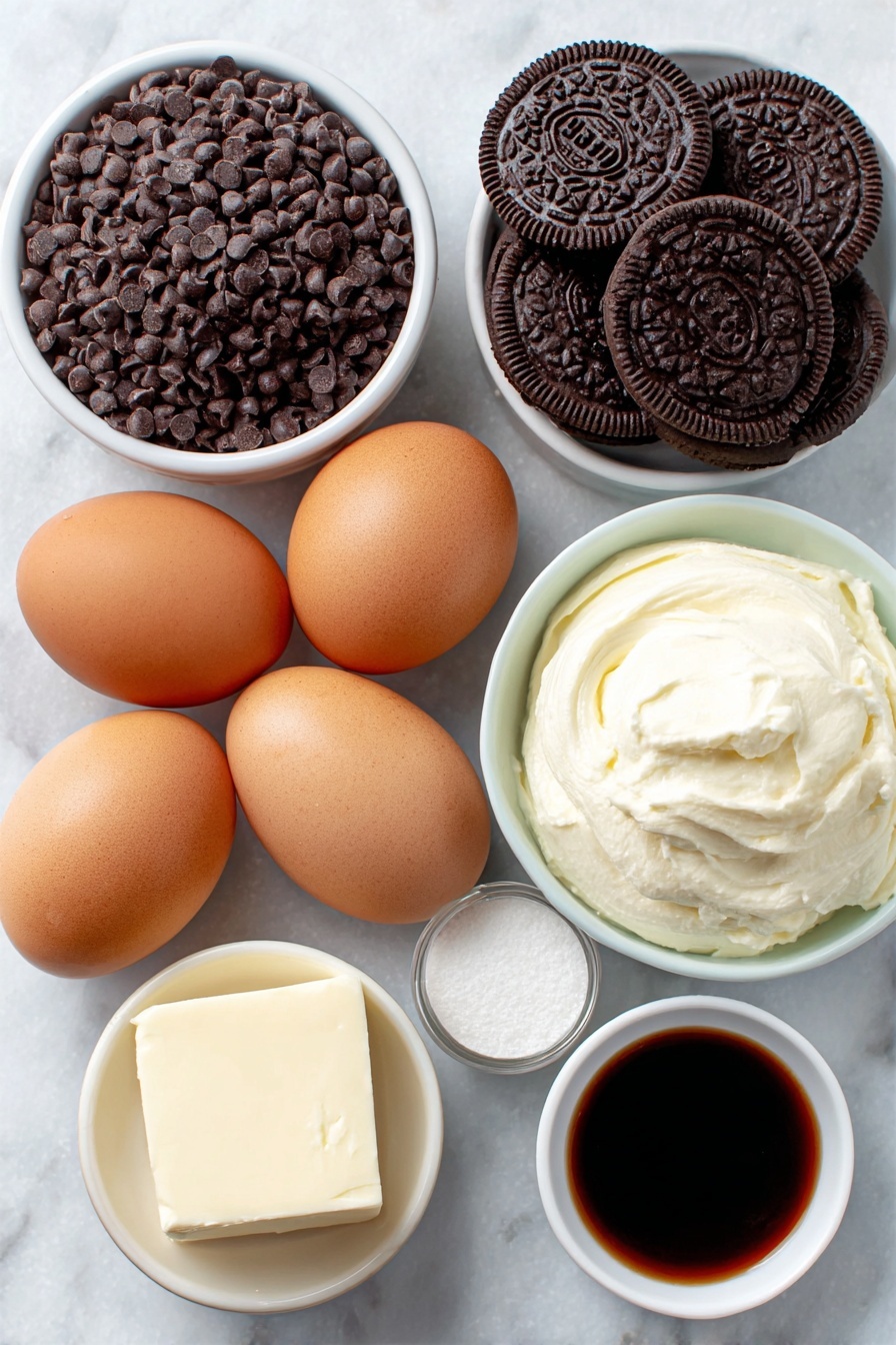 Flat lay of a small pile of whole Oreo cookies, a white ceramic bowl filled with mini semi-sweet chocolate chips, a simple white bowl containing smooth sour cream, four whole uncracked brown eggs arranged neatly, a small white bowl of clear hot coffee or water with steam rising gently, a small white bowl holding glossy vegetable oil, a small white bowl with soft cream cheese, a white ceramic dish with two tablespoons of pale yellow butter, a small bowl filled with fine powdered sugar, and a tiny white bowl with rich vanilla extract, all placed on a clean white marble surface, soft natural light, photo taken with an iPhone, professional food photography style, fresh ingredients, white ceramic bowls, no bottles, no duplicates, no utensils, no packaging --ar 2:3 --v 7 --p m7354615311229779997